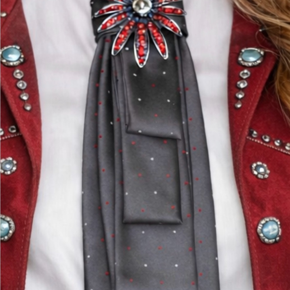 OOAK Necktie Necklace with Brooch and Beads Gray with Red & White Dots💥💥💥💥 - Picture 4 of 4